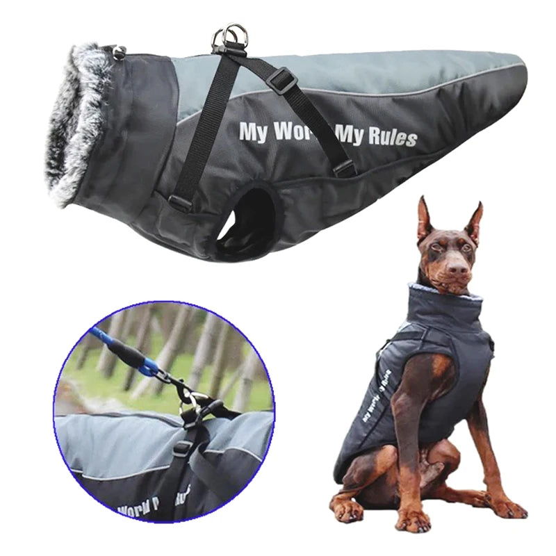 Waterproof Pet Dog Clothes Furry Collar Jacket Reflective Winter Warm Fleece Vest Thicken Coat Clothing for Medium Large Dogs