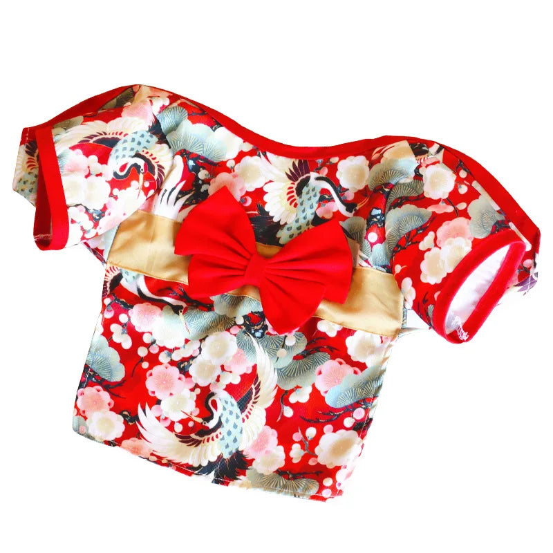 Pet Dog Cat Japanese Kimono Cosplay Coat Crane Cherry Blossom Pattern Pet Jacket Girl Dog Dresses Chihuahua Pet Clothes