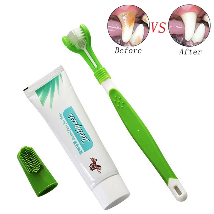 Pet Toothbrush Kit Three Sided Dog Brush Toothpaste Addition Bad Breath Tartar Teeth Care Dog Cat Cleaning Mouth Dog toothbrush