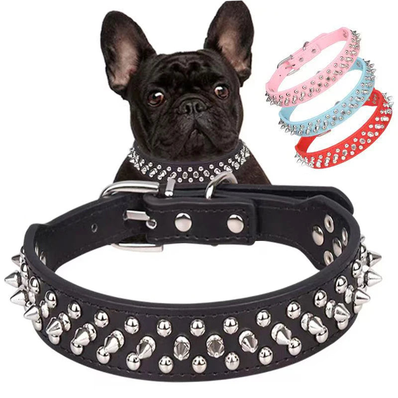 Adjustable Leather Pet Dog collar Neck Strap Supplies PU Leather Punk Rivet Spiked Dog Collar Pet Collars For Small Dog Cat